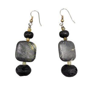 Black Lava Rock Green Tree Agate Dangle Earrings Fish Hook Closure Handmade